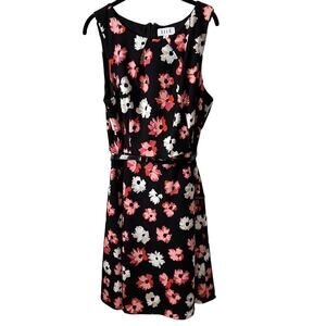 Elle Flower Dress black with red/pink and white/beige flowers Sz XL Fitted belt